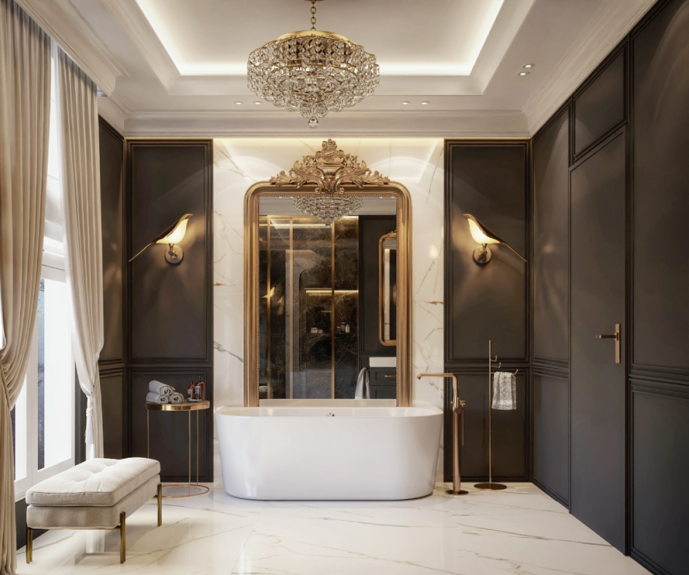 Pałacowa łazienka z płytkami imitującymi marmur Azario Carrara Nimes